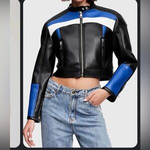 Lioness Black and Blue Colorblock Bomber Jacket